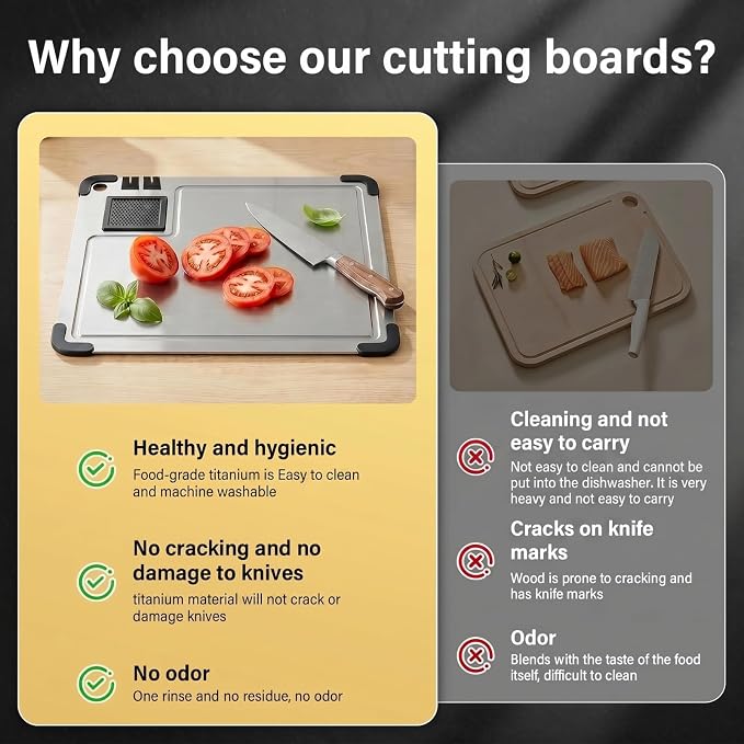 Titanium Cutting Board for Kitchen, 2026 New Food-Grade Board, with Sharpenersr, Garlic Grinding Area, Juice Groove, Non-Slip Corner Guards, Multifunctional Non Toxic Chopping Board, 14.2"x9.8"