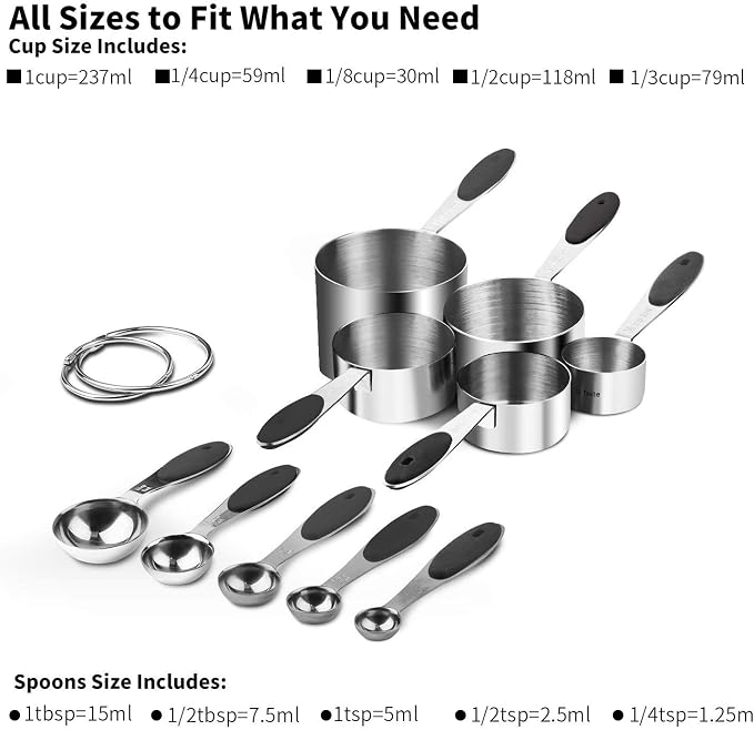 U-Taste Measuring Cups Spoons Set, 18/8 Stainless Steel, 10Pcs, Black | Upgraded Thickened Handle, Reinforced Welded Joints, Nested Stackable Design, Metal Measure Set for Kitchen Baking Cooking