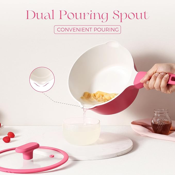 PRICUSIS Ceramic Nonstick Saucepan with Lid, 2 Quart Non Toxic Pot with Pour Spouts, Full Coated, 100% Dishwasher Safe, Induction Compatible, PTFE PFAS & PFOA Free, Raspberry Red
