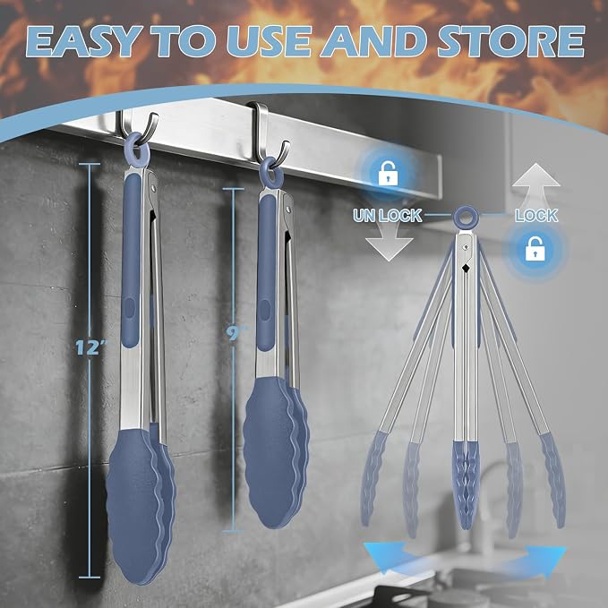 Stainless Steel Kitchen Tongs with Silicone Tips, Locking Grilling Food Tongs, 9" and 12", Set of 2 Blue