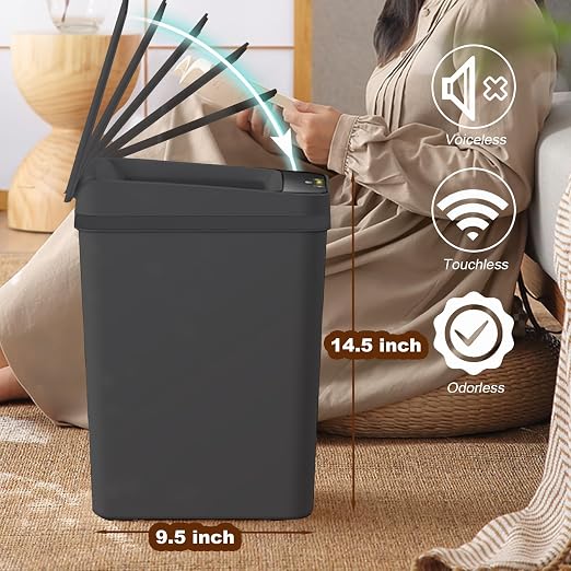 Yatmung 4 Gallons Bathroom Trash Can Automatic Touchless - Smart Trash Can | 15.5 Liters Slim Electric Trash Bin Motion Sensor - Narrow, Plastic - Skinny Garbage Can with Lid ( Matte Black )