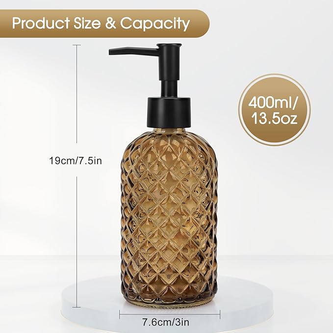 Topsky Gem Glass Soap Dispenser with Black Plastic Pump, 13oz Liquid Hand Soap Dispenser, Rustproof Pump for Kitchen & Bathroom, Great for Lotions, Essential Oil, Liquid Soaps-Amber