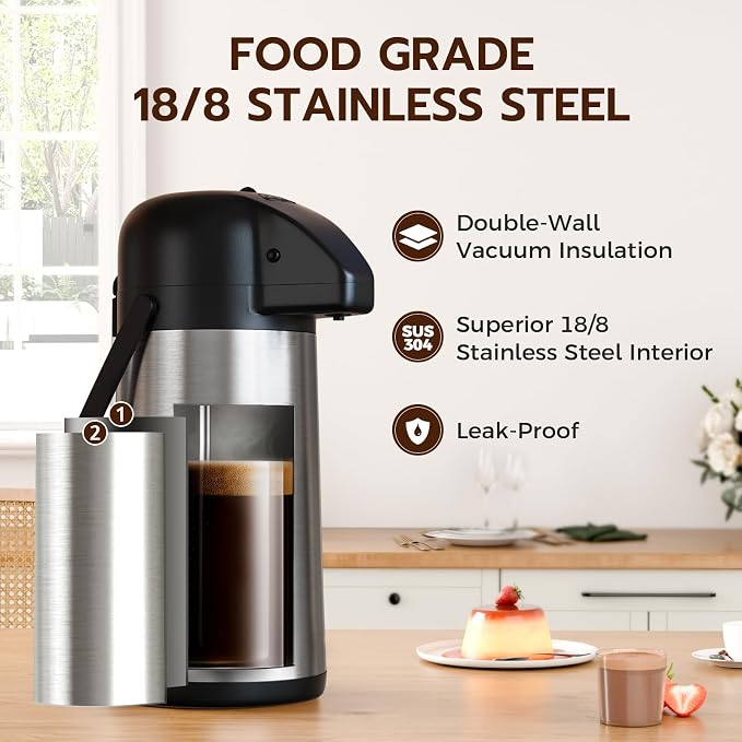 Coffee Carafe for Keeping Hot, 85OZ Airpot Coffee Dispenser with Pump | Large Thermal Coffee Urn for Hot Drinks Tea Liquid, 304 Insulated Stainless Steel Hot Water Beverage Dispenser for Parties