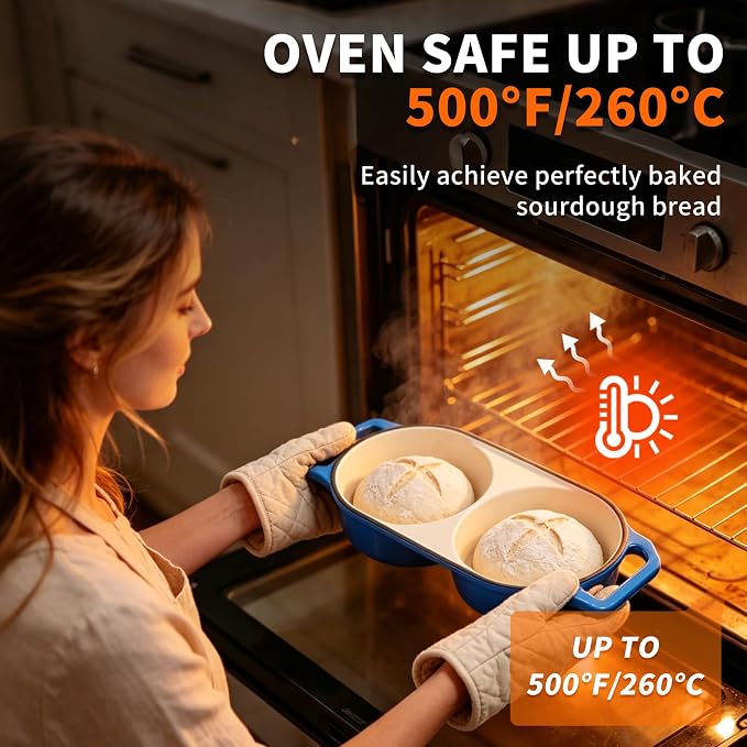 2026 Premium Double Enameled Cast Iron Dutch Oven for Sourdough Bread Baking – 2-in-1 Bread Baker with Lid, Dual Mini Loaf Pan, 500°F Oven Safe, Even Heating for Artisan Bread, Nonstick Enamel