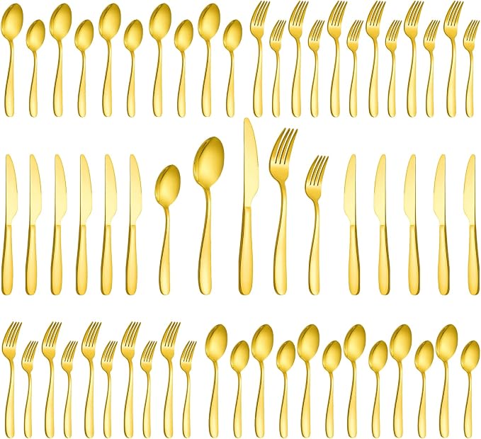 60-Piece Gold Silverware Set, CXJY Stainless Steel Flatware Set for 12, Kitchen Utensils cutlery with Titanium Golden Plated Include Spoons Forks Knives, Mirror Polished Dishwasher Safe