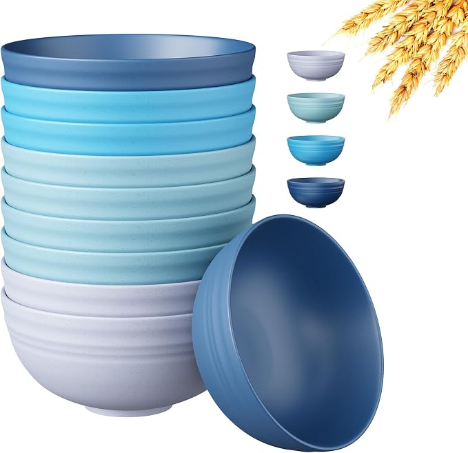 Quatish 10 PCS Unbreakable Cereal Bowls,Dishwasher & Microwave Safe Wheat Straw Bowls, Easy-to-Clean Lightweight Desserts & Soup Bowl, Portable for Picnics ，Snack Plastic Bowls Set，Blue