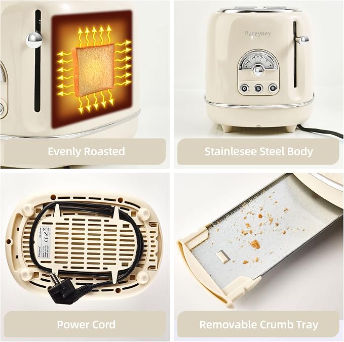 Retro Stainless Steel Toaster - 2 Slice, Extra-Wide Slot, 6 Adjustable Settings, Removable Crumb Tray, Defrost, Cancel, Reheat (Cream)