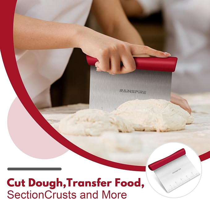Upgraded 304 Stainless Steel Multi-Purpose Bench Scraper with Measurement Marks, Dishwasher Safe, Dough Cutter for Pizza, Bread and Cookie Dough Vegetable Chopper, Baking Supplies, Red