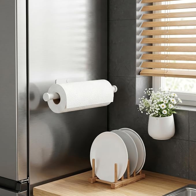 Paper Towel Holder Wall Mount,No Drill,SUS304 Steel, Space Saving | Maximize countertop space with secure roll storage. Fits kitchens, bathrooms, RVs and pantries with flexible mounting options
