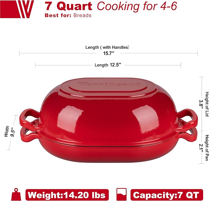VORRINGARD Enameled Cast Iron Sourdough Bread Oven, Dutch Oven, Loaf Cast Iron Bread Pan for Homemade Bread Baking, Meatloaf Pan with Lid, 7QT, Red