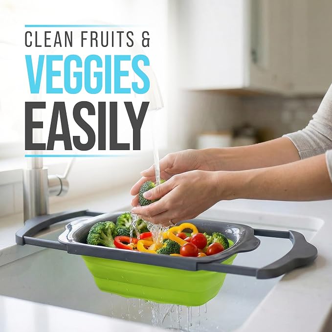 Comfify Green XL Collapsible Silicone Over Sink Colander – 6 Quart | Green; extends 25" to span sink; both hands free; collapses flat; 6 Qt; heat resistant 176F; pasta, veg, fruit
