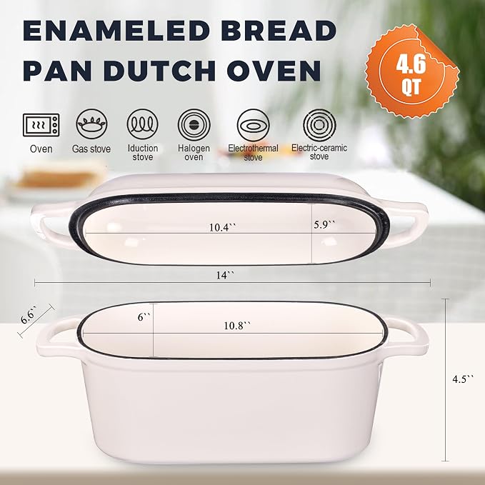 4.6 Quart Dutch Oven for Sourdough Bread Baking | Oval Bread Dutch Oven with Lid, Cast Iron Bread Pan for Crispy Crust, Steam Baking Design for Artisan Homemade Loaves, White