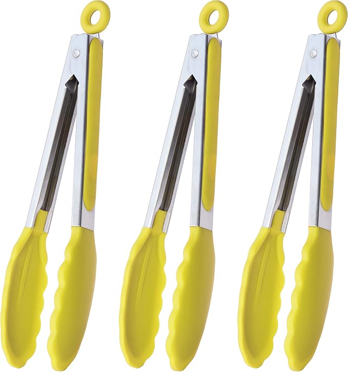 HINMAY Silicone Tipped Tongs 9" Kitchen Cooking Tongs, Set of 3 (Yellow)