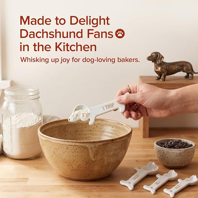 Dachshund Gifts Measuring Spoons Set of 4, Cute Kitchen Accessories Decor | Ceramic Weiner Dog Gifts for Women, Unique Teaspoon Measuring Spoons, Fun Dachshund Decor Weenie Baking Gifts for Dog Lovers