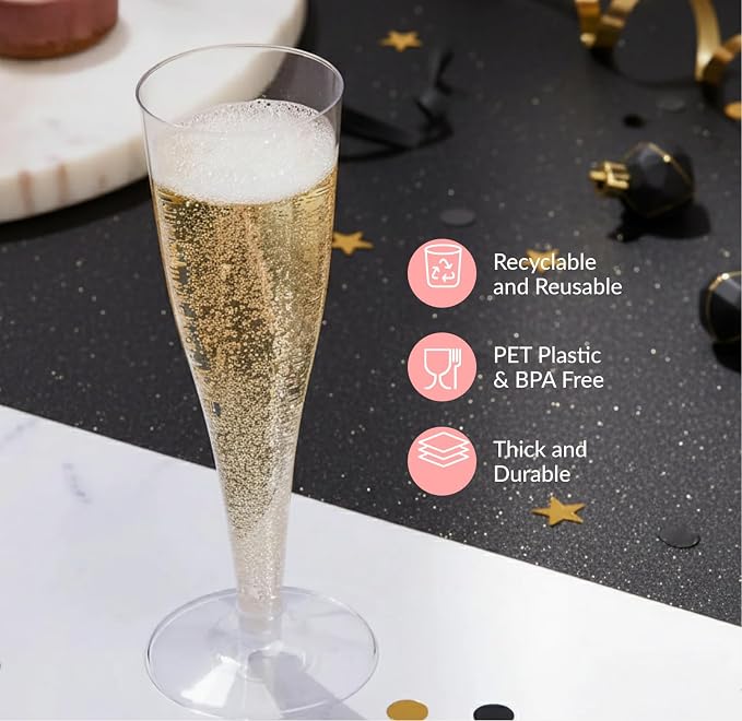 Prestee Set of 200 Plastic Champagne Flutes - Clear Champagne Glasses for Parties, Weddings, Events - 4.5 oz Disposable Drinkware - Elegant Stemware for Toasts Cocktails Mimosas