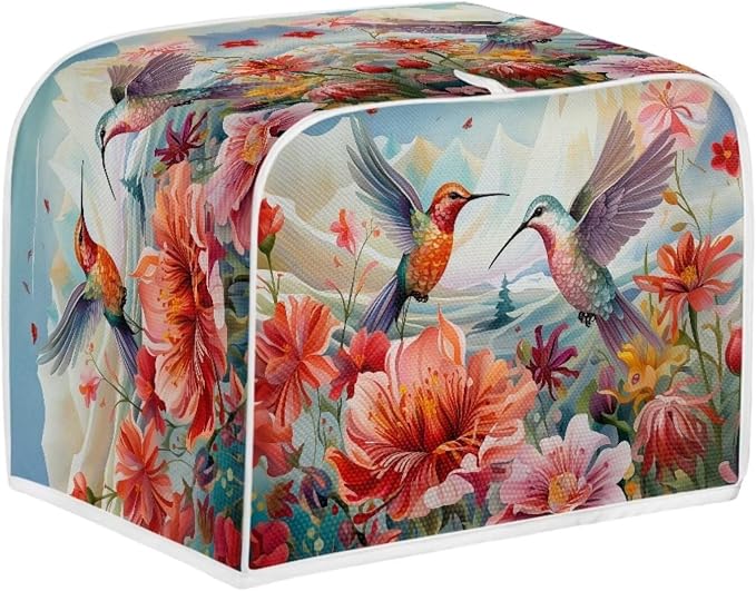 Hummingbird Flower Print Toaster Covers 2 Slice Wide Slot Dustproof Floral Fingerprint Protectors and Greasy Protection Anti-sputtering Machine Washable Women Gift