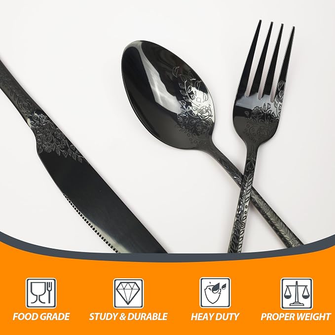 Runfly Modern Carved Floral Black Stainless Steel 20-Piece Flatware Set | Silverware Set, Vintage Utensil Set, Cutlery Set for Home and Kitchen, with Knife/Fork/Spoon
