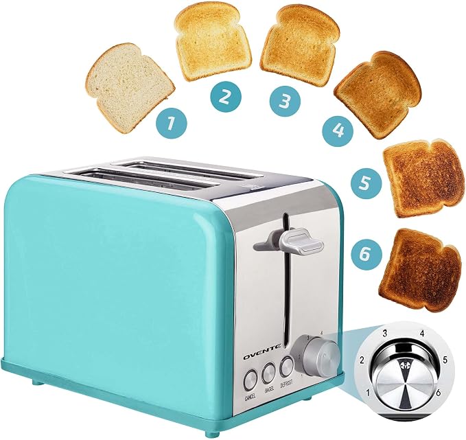 OVENTE 2-Slice Electric Toaster, 825W 6 Browning Setting, Turquoise TS2450T | Perfect for Bagel, and Defrost, with Cancel Functions, Extra-Wide Slots, Stainless Steel Retro Countertop Design