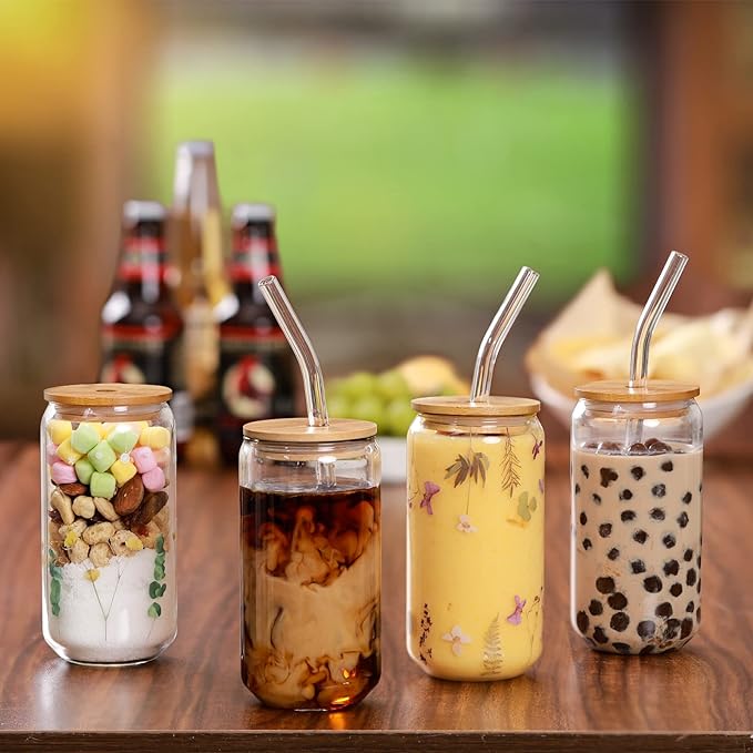 NETANY 1 Pack Glass Cups with Bamboo Lids and Straws 16 oz, Gifts for Women, Drinking glasses set, Iced Coffee, Tea Cup, Cute Aesthetics Tumbler Cup, Mothers Day, Birthday Gifts for Her Mom