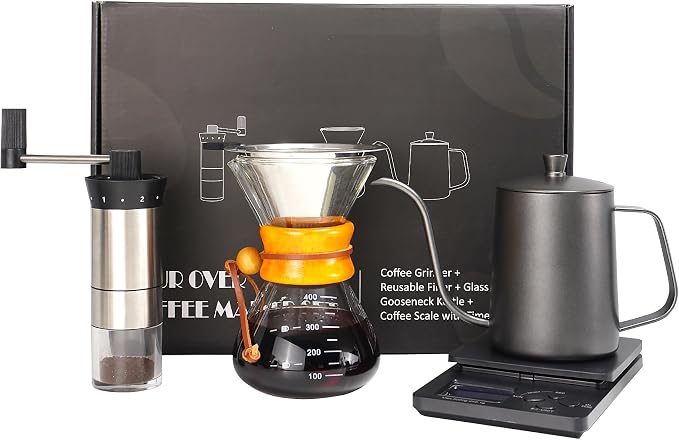 Coffee Pour Over Set, Dripper Pour Over Coffee Maker Kit with Kettle | Complete Coffee Maker Set with Pour Over Scale and Manual Coffee Grinder, Coffee Dripper and Filter Set, Coffee Gift Set
