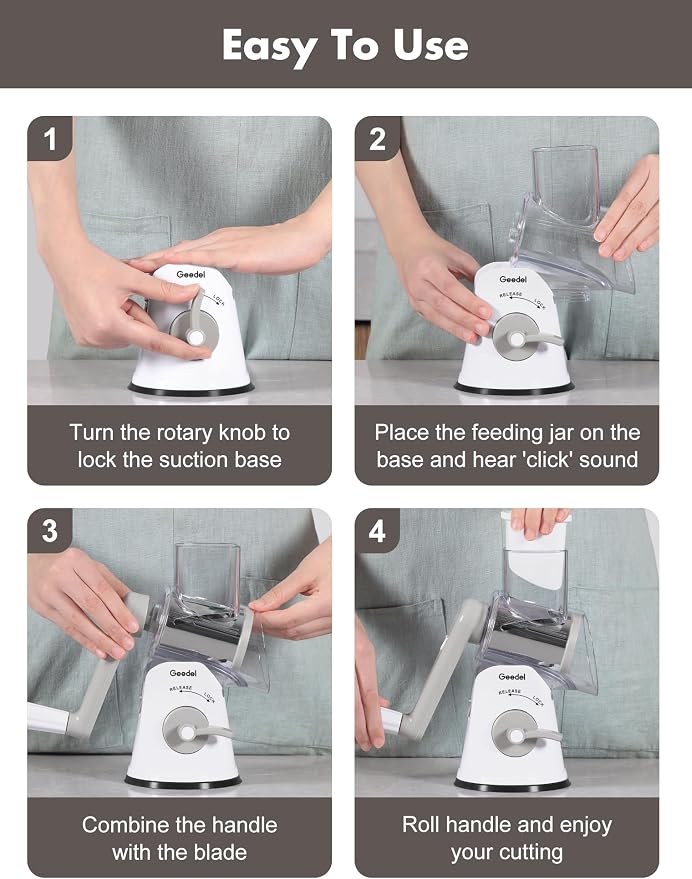 Geedel Rotary Cheese Grater Hand Crank, Cheese Shredder Vegetable Slicer | 5 Blades, 430 Stainless Steel, 12x Fast Cutting, Strong Suction Base, No BPA, Dishwasher Safe, for Cheese, Veggie, Nut