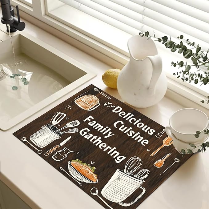 HOMETITUTE Stove Top Covers for Electric Stove Heat Resistant 28x20 Inch Glass Cooktop Protector Counter Mat Kitchen Decorations Dish Drying Mat Wooden Style Delicious Cuisine Design