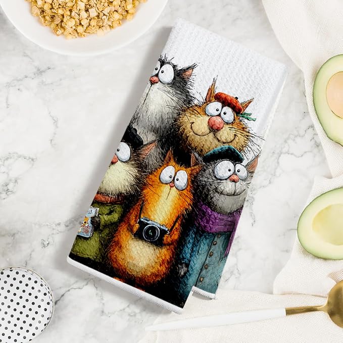 4 Pcs Cute Cat Kitchen Towels, Funny Cats Gifts Absorbent Hand Towels-08 | Cat Dish Cloths for Drying Dishes, Cats Waffle Dish Towels for Kitchen Home Bathroom Decor, Cat Lover Gifts for Women Mom