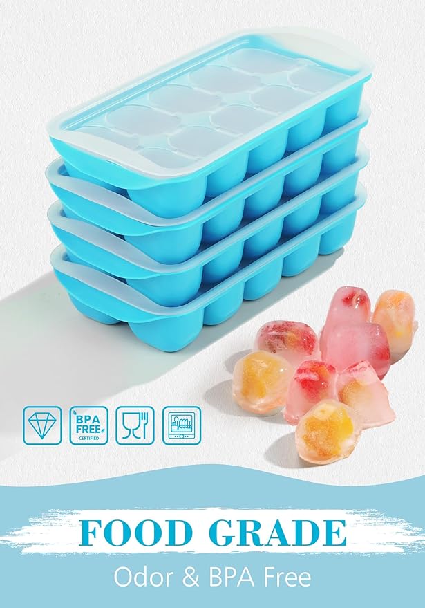 DOQAUS Ice Cube Tray with Lid and Bin, 4 Pack Ice Bucket Kits for RV | Stackable Silicone Ice Trays for Freezer, Easy Pop Out, BPA Free for Cocktail, Coffee, Soup, Food, Kitchen