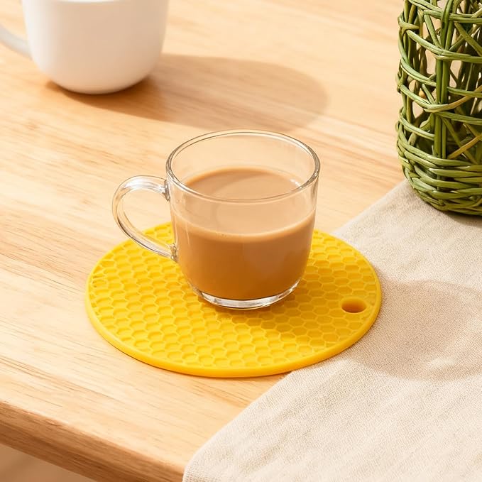 6 Pcs Yellow 6.0 Inch Round Silicone Mat, 0.19 Inch Thick | Non-Slip & Easy to Clean Heat Resistant Tripod Insulation Mat for Kitchens & Pans