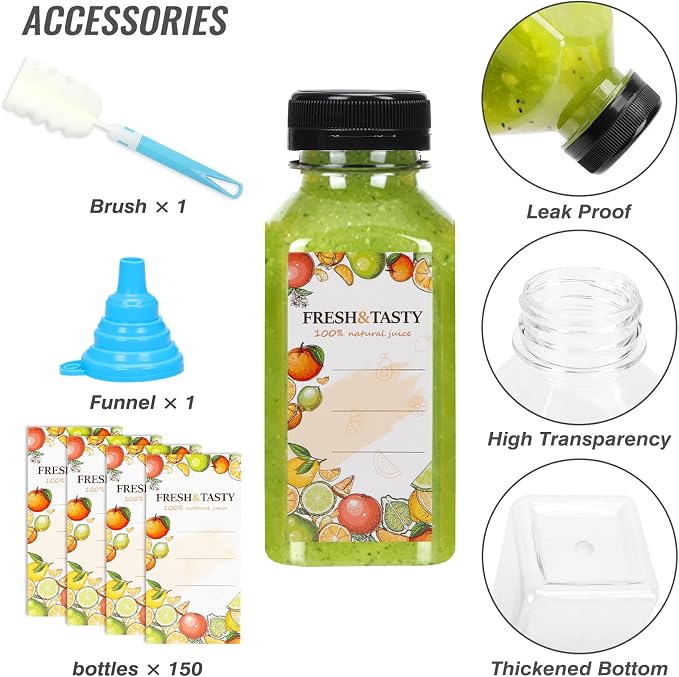 150pcs 8oz Plastic Juice Bottles with Caps, Sticker Labels, Brush | Empty Reusable Clear Bottles with Label, Funnel and Brush Beverage Containers Bulk with Lids for Juicing, Smoothies, Fridge