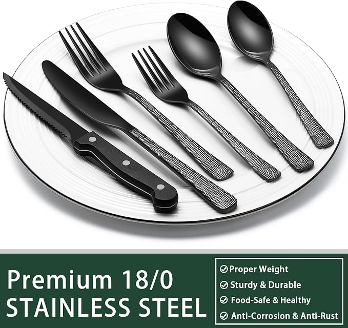 EWFEN 24-Piece Black Silverware Set with Steak Knives, Black Flatware Set for 4, Food-Grade Stainless Steel Tableware Cutlery Set, Mirror Finished Utensil Sets for Home Restaurant, Tree Pattern