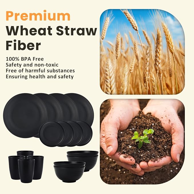 16-Piece Wheat Straw Dinnerware Sets, Reusable Unbreakable Plates and Bowls Sets,Cups,Service for 4, Premium Dishwasher and Microwave Safe Dish Sets for Kitchen,Outdoor - Black