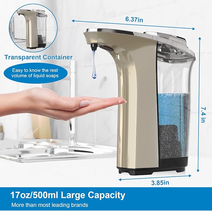 Automatic Soap Dispenser, 17oz Touchless Liquid Dish Soap Dispenser Kitchen | 17OZ Large Capacity, Infrared Sensor, 5 Adjustable Soap Levels, Hand Dispenser for Bathroom Kitchen Sink, Battery Operated