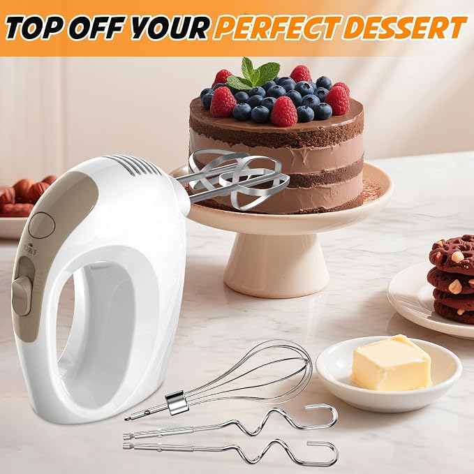 Showvigor Electric Hand Mixer with 5 Stainless Steel Whisks,5 Speed,White2 | Portable Kitchen Mixer Electric Whisk, Food Beater for Whipping Mixing Cookies