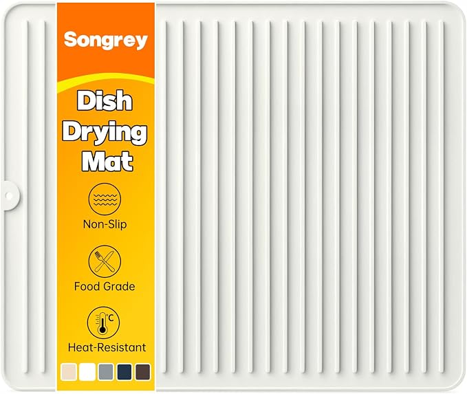 Songrey Silicone Dish Drying Mat for Kitchen Counter, 18" x 16", White | Drying Pad for Sink Dishes or Under Rack, Multi-Use as Heat Resistant Trivet, Coffee Bar Mat