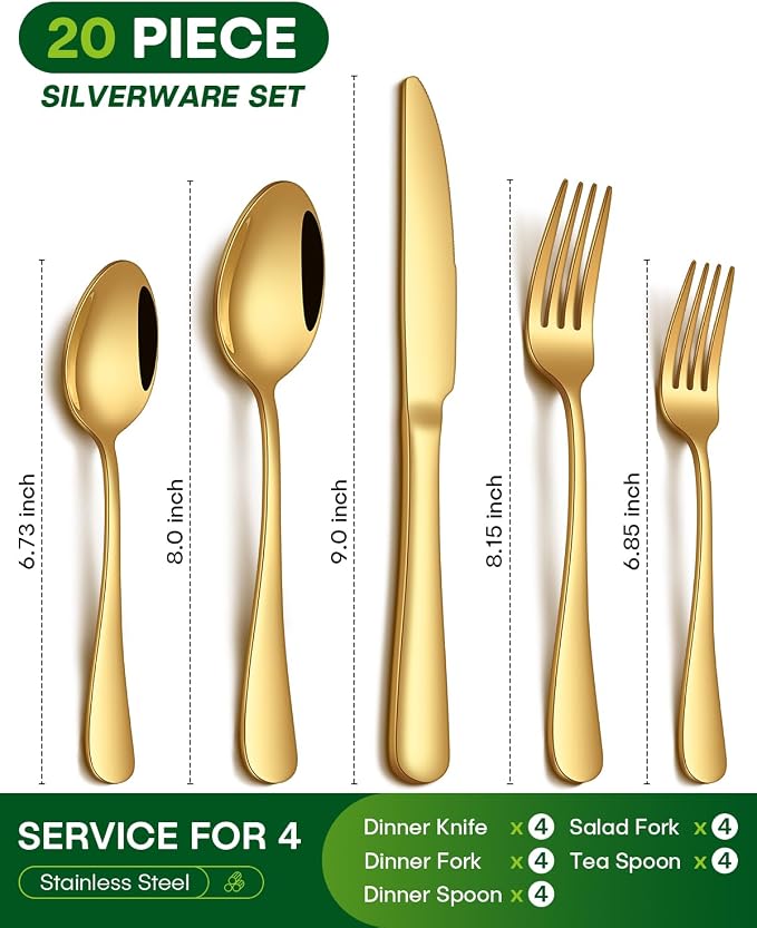 PHILIPALA 20 Piece Gold Silverware Set, Stainless Steel Flatware Set for 4 Food Grade Novelty Flatware Cutlery Utensil Set Include Knife Fork Spoon Mirror Polished Dishwasher Safe