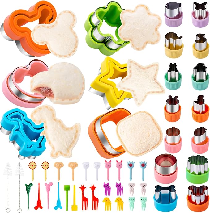 Nifogo Sandwich Cutter for Kids Lunch 48 Pcs (LARGE) | Sandwich Maker, Cookie Cutters and Sealer Set, Stainless Steel, Bread Decruster, Dinosaur Mickey Heart Shape for Boys Girls