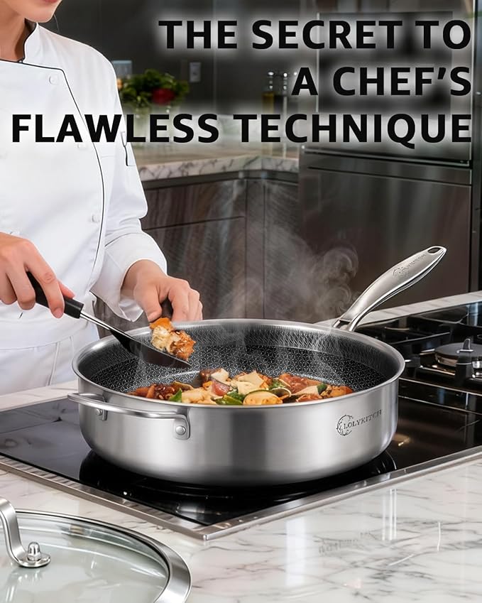 LOLYKITCH 6-Quart Large Frying Pan with Lid | 12 Inch | Detachable Handle | Tri-Ply Stainless Steel | Hybrid Nonstick Ceramic Coated | Deep Skillet | Saute Pan for Family Meals | Induction Oven-Safe