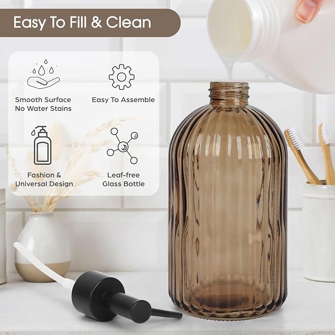 13.5oz Stripe Glass Soap Dispenser with Black Plastic Pump, 400ml Liquid Hand Soap Dispenser, Rustproof Pump for Kitchen & Bathroom, Great for Lotions, Essential Oil, Liquid Soaps-Amber
