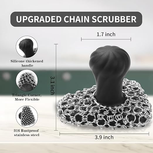 Cast Iron Scrubber with Handle 316 Dish Cast Cleaner Chainmail Scrubber | Pan Skillet Iron Scrub Brush Steel Wool Scrubber Cleaning Kit (1 Scrub + 1 Scraper)