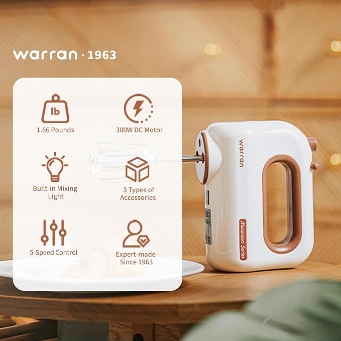 300W Compact Lightweight Electric Hand Mixer, with Powerful Quiet DC Motor for Baking, Cake, Brownies, Cookie Dough, Ideal for Home Kitchen (White)