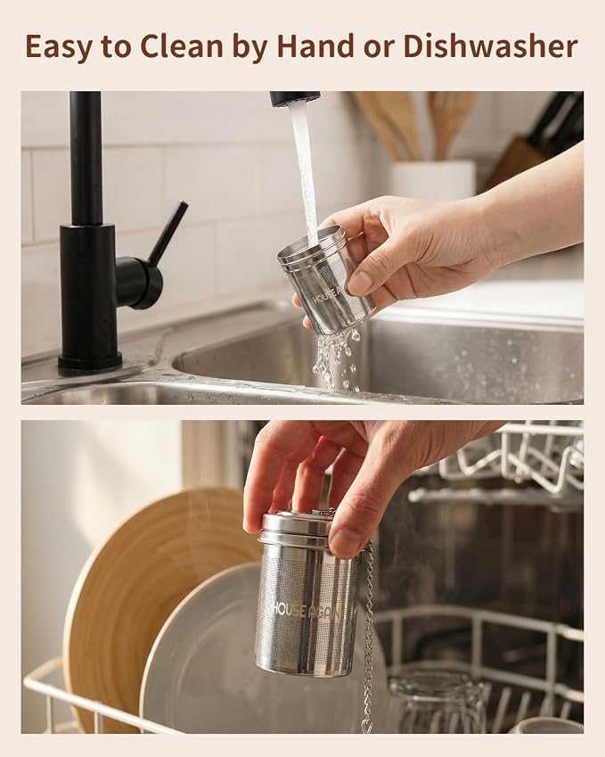 HOUSE AGAIN Tea Infuser (2 Pack, Large + Small), Extra Fine Mesh Tea Strainers for Loose Tea, 18/8 Stainless Steel Tea Strainer with Extended Chain Hook, Tea Steeper