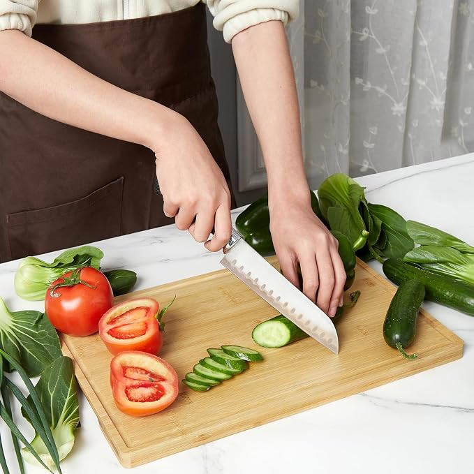 GarveeHome Bamboo Cutting Board Set of 3, Kitchen Cutting Board Set With Holder, Chopping Board Set With Deep Juicy Groove and Back Inner Handles for Meat, Vegetables and Fruit