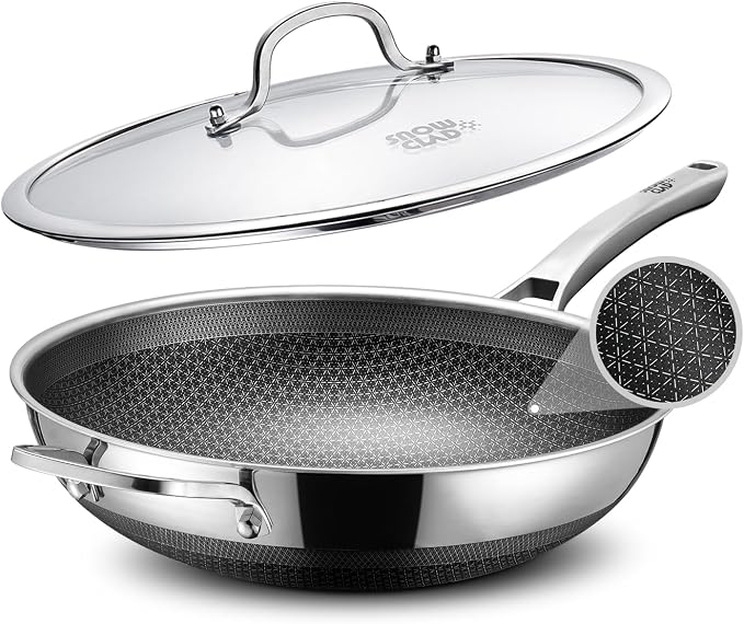 SNOWCLAD Wok, 13 Inch Hybrid Woks & Stir-fry Pans Nonstick, Non Toxic Stainless Steel Wok Pan with Lid, Dishwasher Induction Oven Broiler Safe, PFOA Free Cookware Non Stick