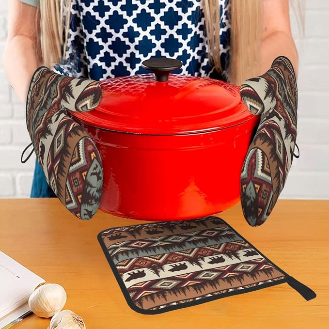 Vintage Rustic Oven Mitts and Pot Holders Sets Cabin Kitchen Decor | Set of 3 Heat Resistant Farmhouse Hot Pads Bear Mountain Oven Gloves for Kitchen Cooking BBQ Baking