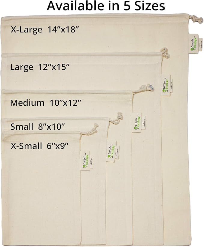 Reusable Grocery Produce Shopping and Storage Bags, Organic Cotton Muslin, Set of 6 (2 ea. of L, M, S)