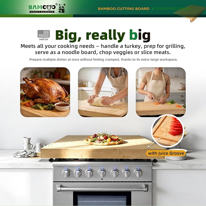 BAMOTTO CRAFTBAMBOO 30"x21" Extra Large Bamboo Cutting Board Stovetop Cover | Detachable Legs | Detachable Non-Slip Front Lip | Over Sink | Noodle Board | Kitchen Countertop Prep Station | Juice Groove