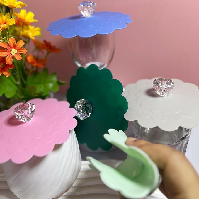 flower Silicone Cup Covers (Set of 5), Multicolored Silicone Lids for Mugs, Cups, Flexible Mug Covers, Tea Pots, Hot Cup Lids for Coffee & Tea (Style C)