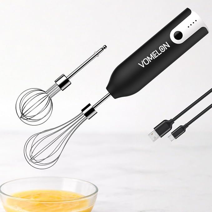 Electric Hand Mixer Whisk | Wireless Rechargeable Handheld Egg Beater with 2 Stainless Steel Mixing Heads | Portable Kitchen Hand Mixer for Egg, Milkshake Cream, Cake, Baking & Cooking-Black