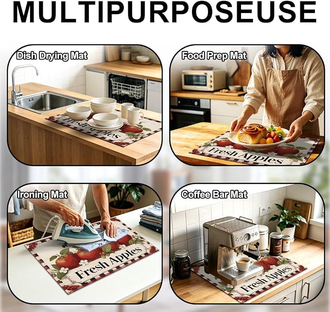 Fresh Apples Stove Top Cover, Buffalo Plaid Farmhouse, 28x20 in | Vintage Fresh Apples sign with bees on buffalo plaid border; non-slip mat; protects glass and electric cooktops; 28x20 in